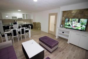 a living room with a television and a dining room at Apartment Garden in Blagaj