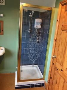 a shower in a bathroom with a blue tiled wall at Chestnuts Bed and Breakfast in Whitehaven
