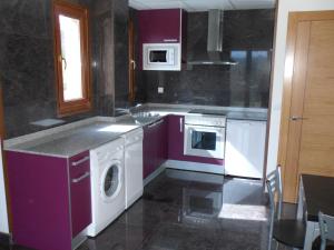 a kitchen with purple cabinets and a washing machine at Apartamentos Turisticos Estrella del Alemar in Langre