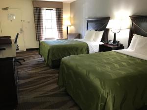 Quality Inn في بالتيمور: غرفة فندقية بسريرين بملاءات خضراء