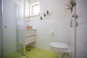 a bathroom with a toilet and a glass shower at Tslil Suite in Yeroẖam