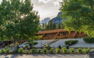 una casa con un árbol y un edificio en The Crossing, en Saskatchewan River Crossing