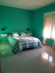 a bedroom with a bed with green walls and a window at Complejo EL ANGEL in Río Colorado