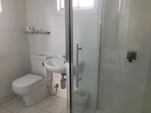 uma casa de banho com um WC, um chuveiro e um lavatório. em Plantation Park Motor Inn em Ayr