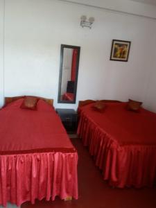 two beds in a room with red sheets at Heritage Lodge in Cherrapunji