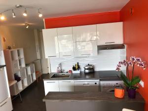 a kitchen with white cabinets and an orange wall at Bel Horizon, au pied de la plage du Sillon in Saint Malo