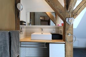 ein Bad mit einem Waschbecken und einem Spiegel in der Unterkunft Alte Schmiede Bleckede in Bleckede