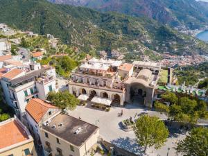 an aerial view of a town with a mountain at Hotel Bonadies in Ravello