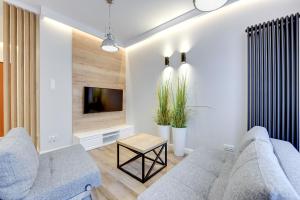 a living room with two couches and a tv at Apartamenty Gdansk EU - Neptun Park in Gdańsk