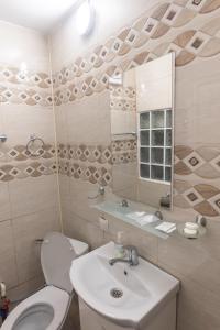 Un baño con inodoro, lavabo y espejo. en Raphaela Residence, en Bistriţa