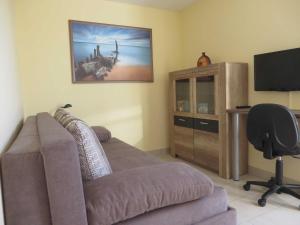 ein Wohnzimmer mit einem Sofa und einem TV in der Unterkunft Exkl. App. Buhne, Kamin, W-LAN, 250m zum Strand, Waschm. in Börgerende-Rethwisch
