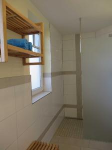 ein Bad mit einer Dusche und einem Fenster in der Unterkunft Exkl. App. Buhne, Kamin, W-LAN, 250m zum Strand, Waschm. in Börgerende-Rethwisch