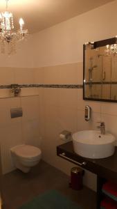 a bathroom with a toilet and a sink and a mirror at Apartments Am Spitalthor in Straubing