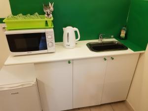 eine Küchentheke mit Mikrowelle und Spüle in der Unterkunft Apartment in Salerno Centro in Salerno