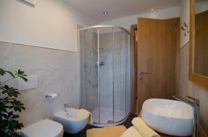 a bathroom with a shower and a sink and a toilet at Villa Aylin in Prato alla Drava