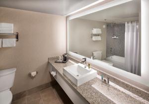 ein Badezimmer mit einem Waschbecken, einem WC und einem Spiegel in der Unterkunft Circus Circus Reno Hotel Casino at THE ROW in Reno
