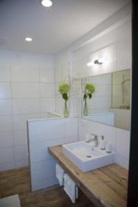 ein weißes Badezimmer mit einem Waschbecken und einem Spiegel in der Unterkunft Krumbacherhof in Krumbach Markt