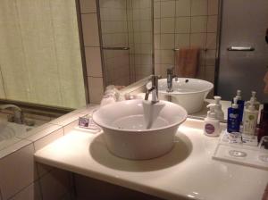 a bathroom with a sink and a mirror at Furano Hotel in Furano