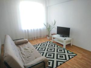 een woonkamer met een bank en een televisie bij Apartments Theatre Shepkina 2 room in Sumy