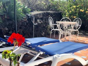 a patio with a table and chairs and a table and a red flower at Casita Vista Valle 35 in El Paso