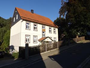 LautenthalにあるLandhaus Lautenthalの褐色の屋根と柵の白い家