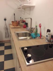a kitchen with a sink and a counter top at Wiehen Inn in Heddinghausen +34 photos