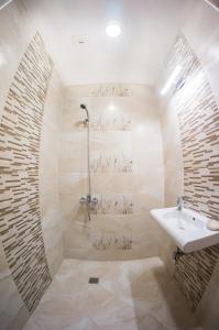 une salle de bain avec lavabo et douche dans l'établissement The Old House guest rooms and apartament, à Plovdiv