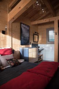 a bedroom with a bed in a room with wooden walls at Chalet 4M Les Carroz et son Spa in Les Carroz d'Araches