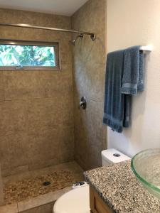 uma casa de banho com um chuveiro, um WC e um lavatório. em Beach Side Studio by Shark's Cove em Haleiwa