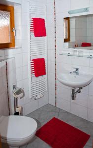 La salle de bains est pourvue d'un lavabo, de toilettes et de serviettes rouges. dans l'établissement Privatzimmer und Ferienwohnungen Gassner, à Admont