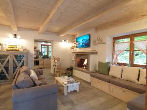 ein Wohnzimmer mit zwei Sofas und einem Kamin in der Unterkunft Chalet Galli in Abbadia San Salvatore
