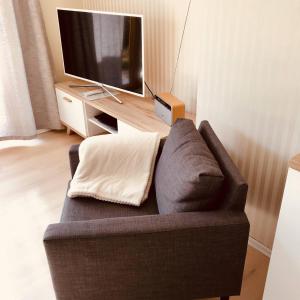 sala de estar con sofá y TV en Ferienhaus Ilfeld, en Ilfeld