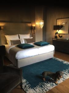 ヘッペンハイム・アン・デア・ベルクシュトラーセにあるBel etage livingのベッドルーム1室(ベッド2台付)と犬が敷物に寝そべり