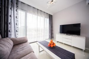 ein Wohnzimmer mit einem Sofa und einem TV in der Unterkunft Penthouse 2 bedrooms in Mil Palmeras in Pilar de la Horadada