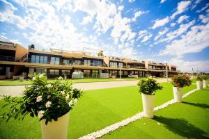 budynek z trzema doniczkami przed nim w obiekcie Penthouse 2 bedrooms in Mil Palmeras w mieście Pilar de la Horadada