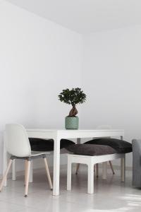 a white table and chair with a plant on it at Olosuites in Limassol