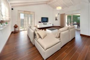 a living room with a couch and a tv at Luxury Villa S Domenica near Poreč with Pool, Wine Cellar and Billiard in Labinci