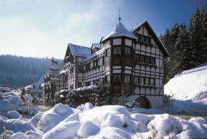 ein großes Gebäude ist mit Schnee bedeckt in der Unterkunft Relais & Châteaux Jagdhof Glashütte in Bad Laasphe