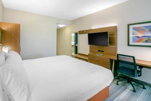 a hotel room with a bed and a desk with a television at Holiday Inn Express Mount Arlington, an IHG Hotel in Mount Arlington