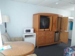 sala de estar con TV y centro de entretenimiento en Suitcase Motel & Travel, en North Wildwood