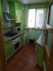 a small kitchen with green cabinets and a window at Apartamento Pergar II Alojamiento para empresas-WIFI 4 Personas in Las Gabias