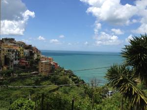 uma vista para uma cidade sobre uma colina com o oceano em Sole Terra Mare em Corniglia
