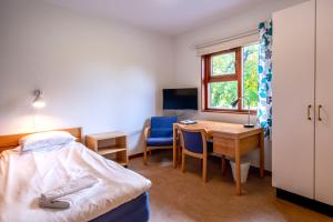 1 dormitorio con cama, escritorio y mesa en Västerbacken Hotell & Konferens, en Holmsund