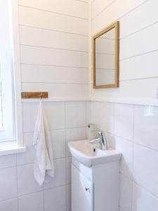 uma casa de banho com um lavatório e um espelho em Holmi Maja em Haapsalu