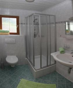 y baño con ducha, aseo y lavamanos. en Haus Ferienglück, en Neustift im Stubaital