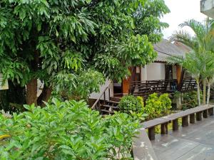 a building with a bench in front of a tree at paibaansuan in Pai