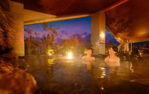 three people swimming in a swimming pool at night at Hotel Mori no Kaze Nasu in Nasu +47 photos