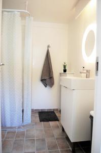 bagno con tenda per la doccia e lavandino di Fredensborg Guesthouse a Fredensborg