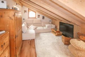 a living room with a couch and a flat screen tv at Tabià Elisa in Campitello di Fassa