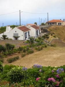 eine Gruppe von Häusern auf einem Hügel mit Blumen in der Unterkunft Quinta do Monte Santo in Vila do Porto